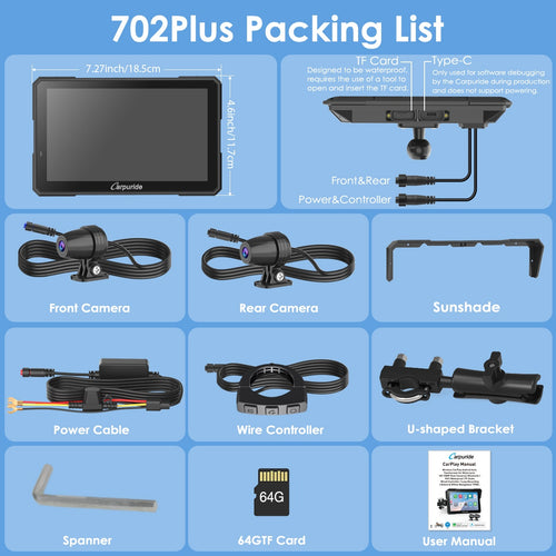 Carpuride - 7 inch Waterproof Carplay with HD Dual Camera - W702 Plus - Motofever