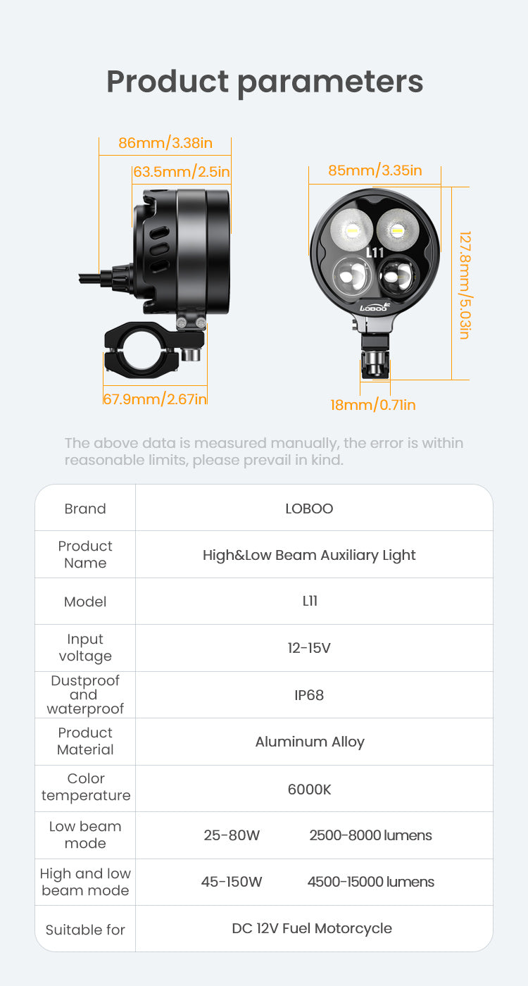 Loboo L11 Motorcycle Auxiliary Lights - Ø 85mm - Black
