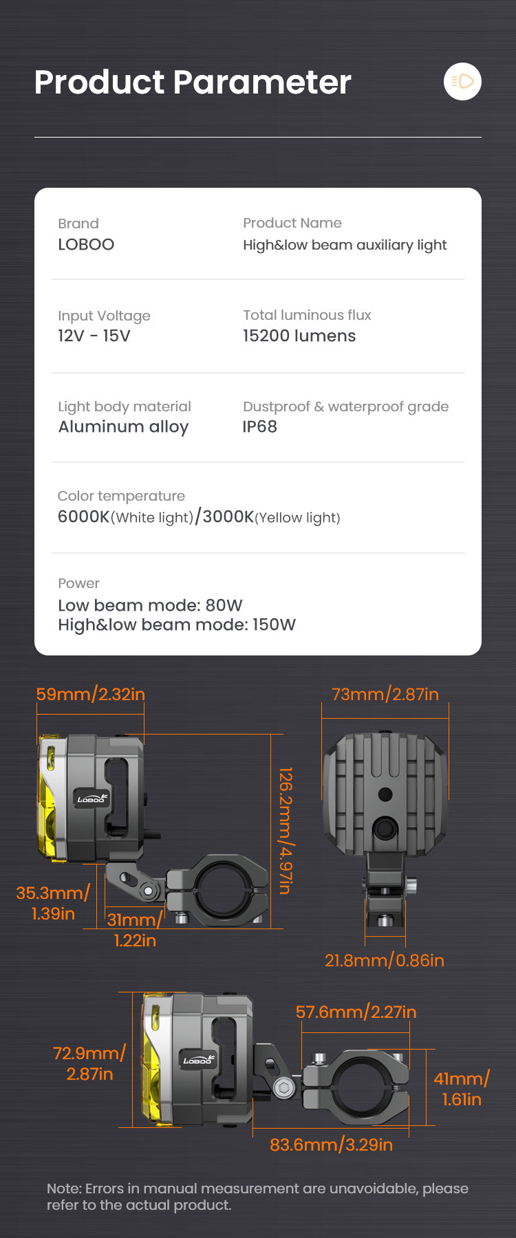 Loboo L12T Motorcycle Auxiliary Lights - Ø 73mm - Black