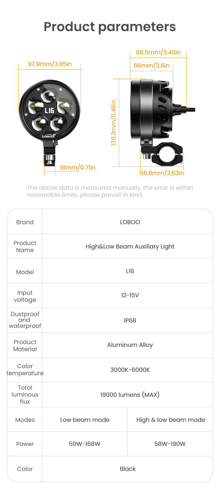 Loboo L16 Motorcycle Auxiliary Lights - Ø 98mm - Black
