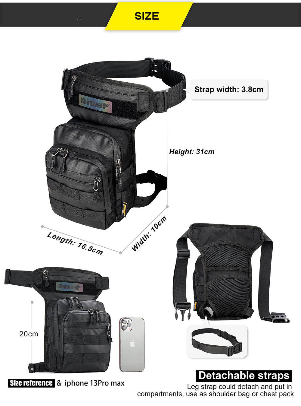 Rhinowalk - Motorcycle Tactical Drop Leg Bag - Black (MT102BK)