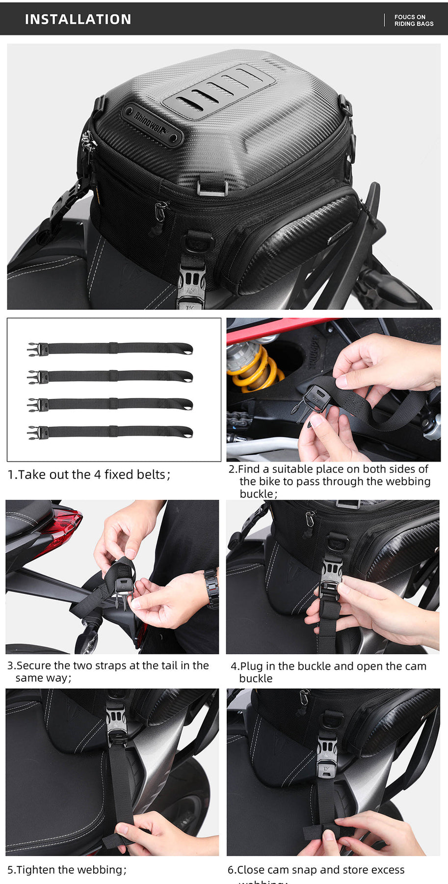 Rhinowalk - Motorcycle Hard Shell Tail Bag - 12L ~ 18L - Carbon Black (MTR4001KC)