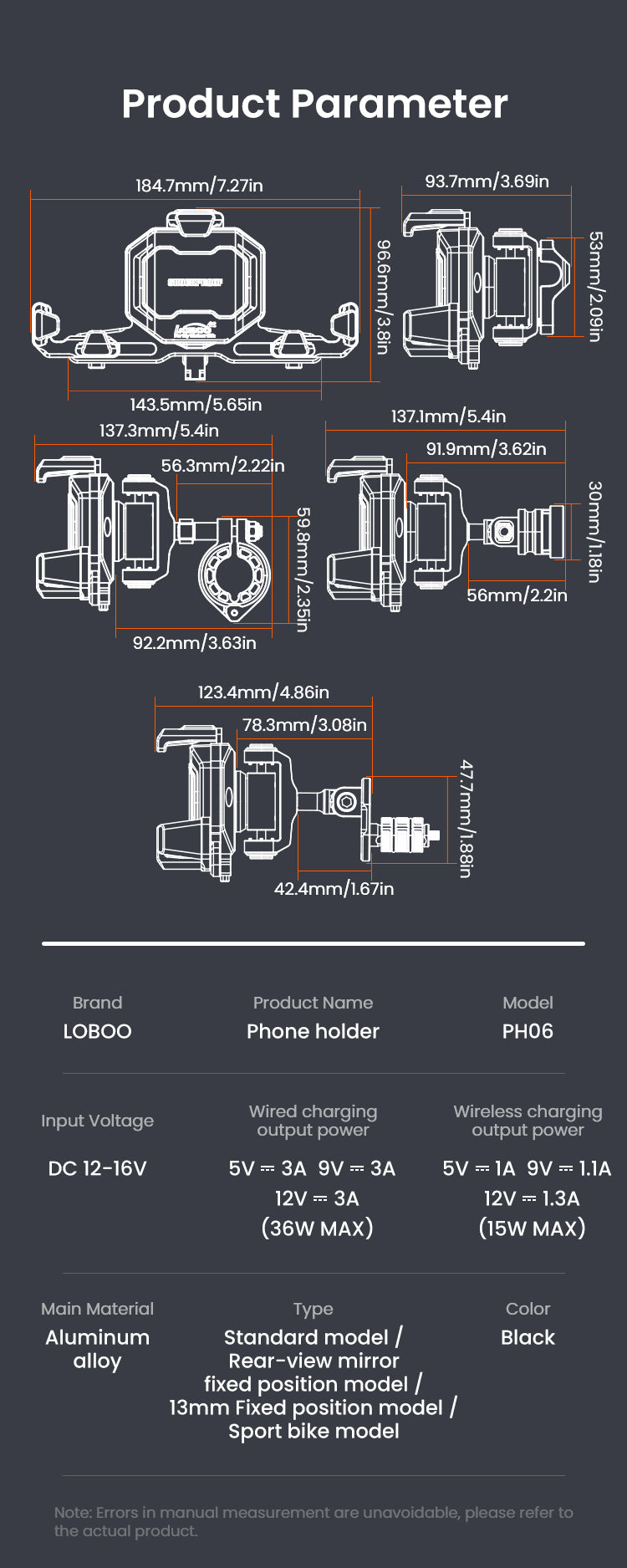 Loboo PH06 Phone Mount - Wireless Charging - Ø 13mm Tube Mount