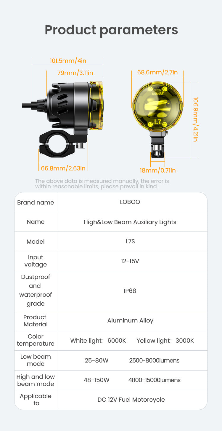 Loboo L7S Motorcycle Auxiliary Lights - Ø 67mm - Black