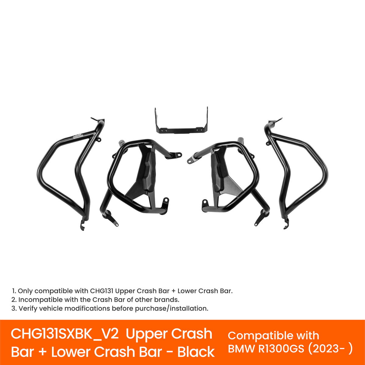 Loboo BMW R1300 GS (2023+) Crash Bar (CHG131SXBK_V2) - Upper & Lower with Cylinder Head Protection with Replaceable Cushion - Black - Motofever