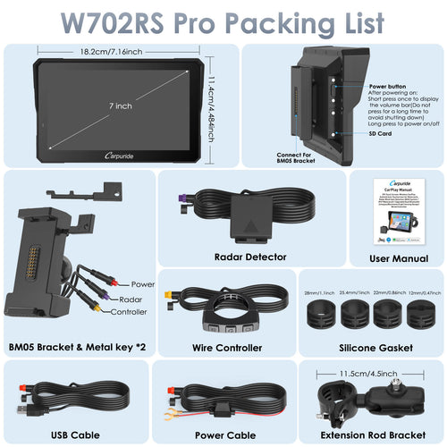 Carpuride - 7 inch Waterproof Carplay with Radar BSD - W702RS PRO + TPMS - Motofever