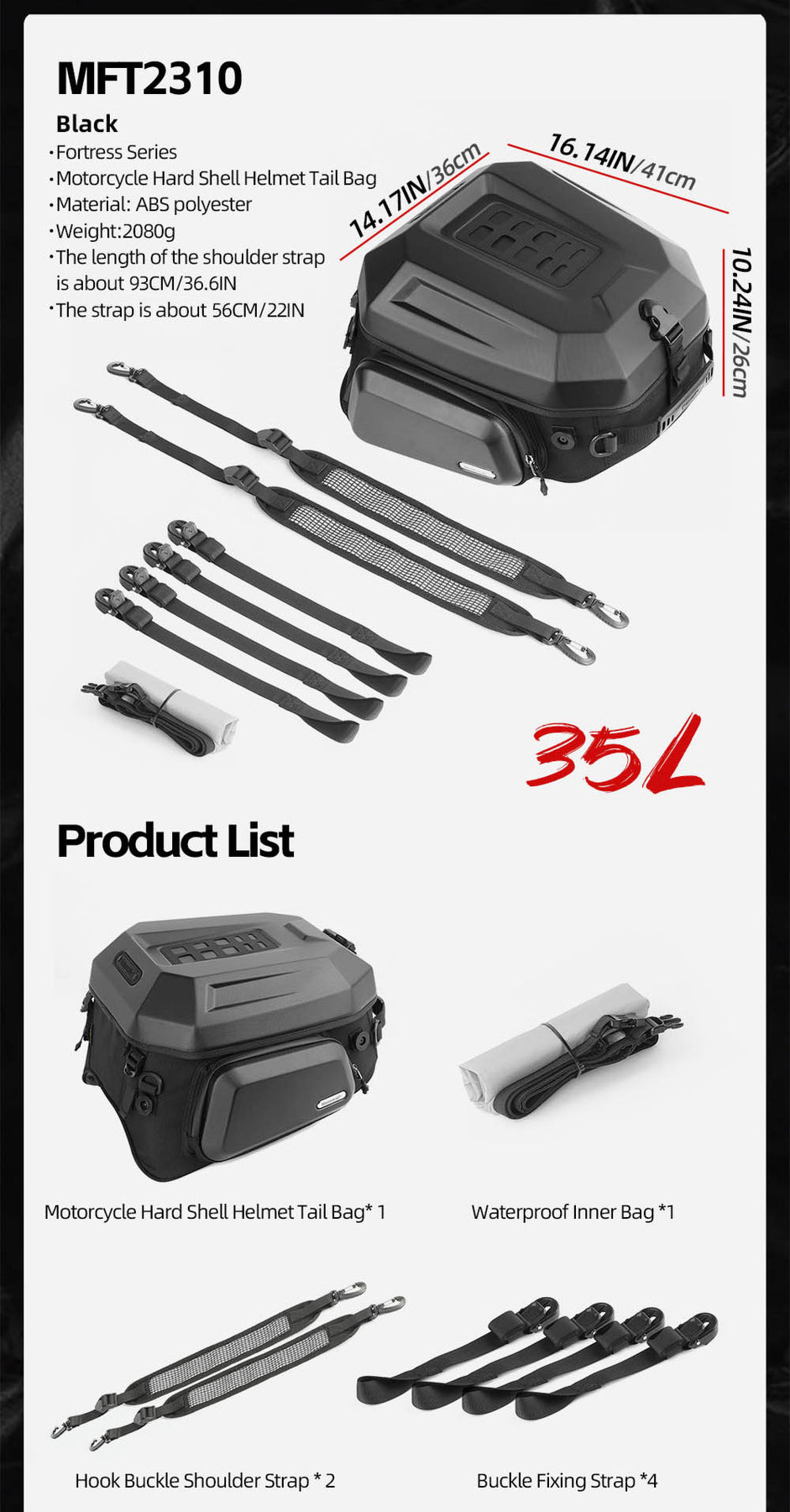 Rhinowalk - ABS Hard Shell Tail Bag - 23L ~ 35L (MFT2310BK)