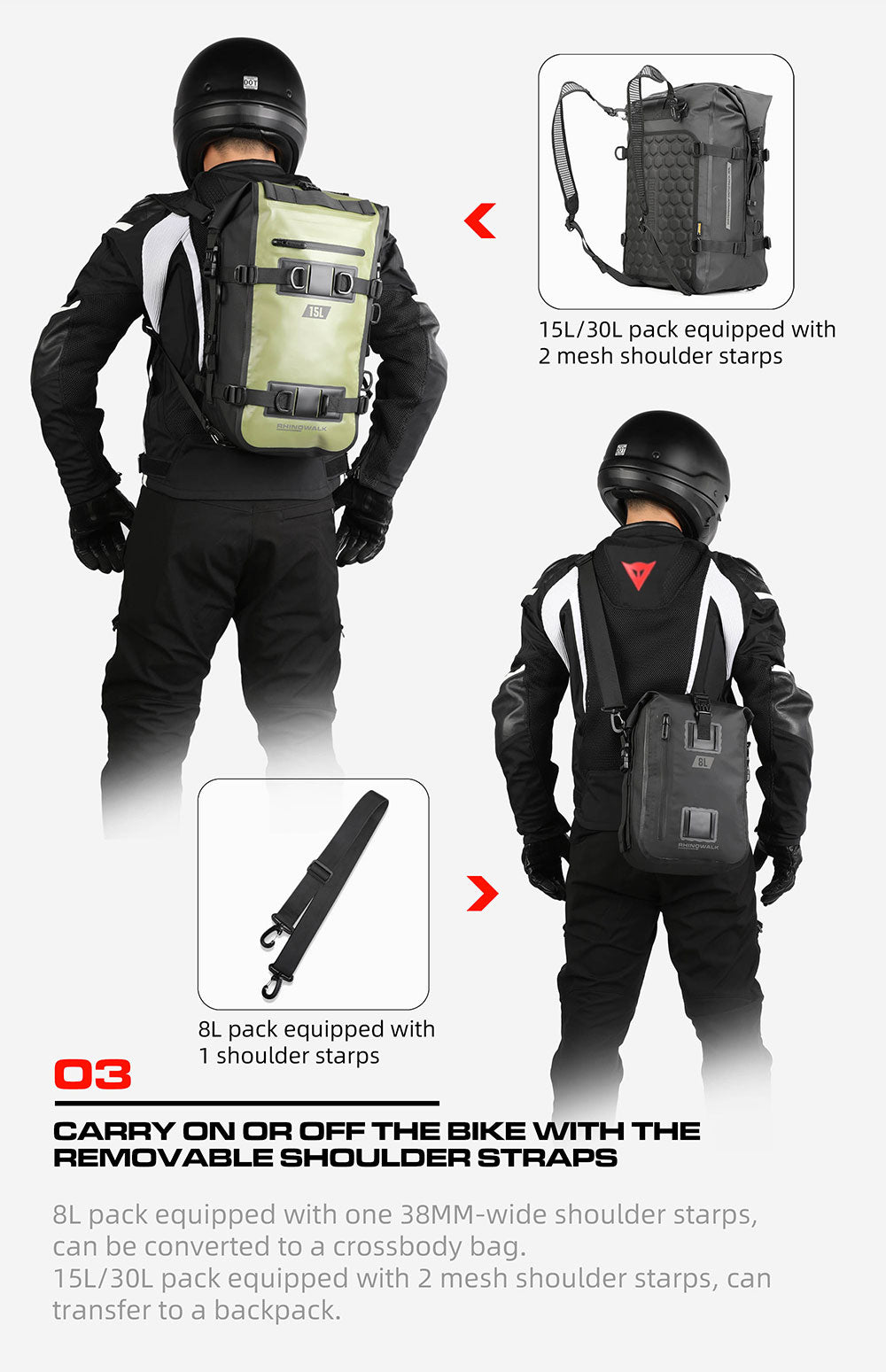 Rhinowalk - Waterproof Modular Motorcycle Packs - 15L -  Black Olive (MT2215GR)