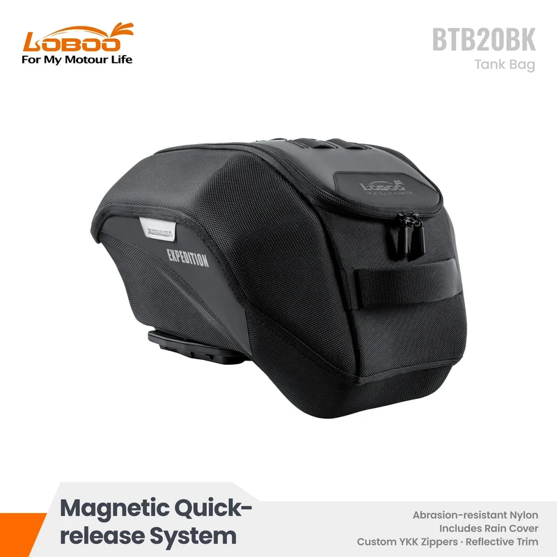 Loboo Adventure Motorcycle Tank Bag with Magnetic Quick-Release System and Rain Cover (BTB20BK) with Adapter